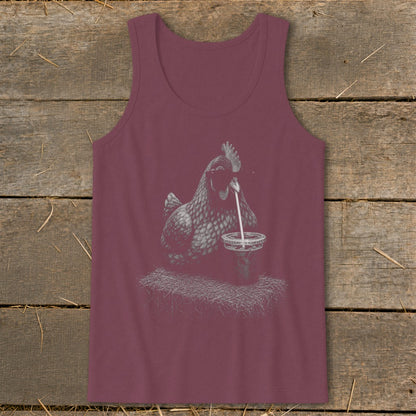 Maroon tank top with a line drawing of a chicken drinking from a cup with a straw.