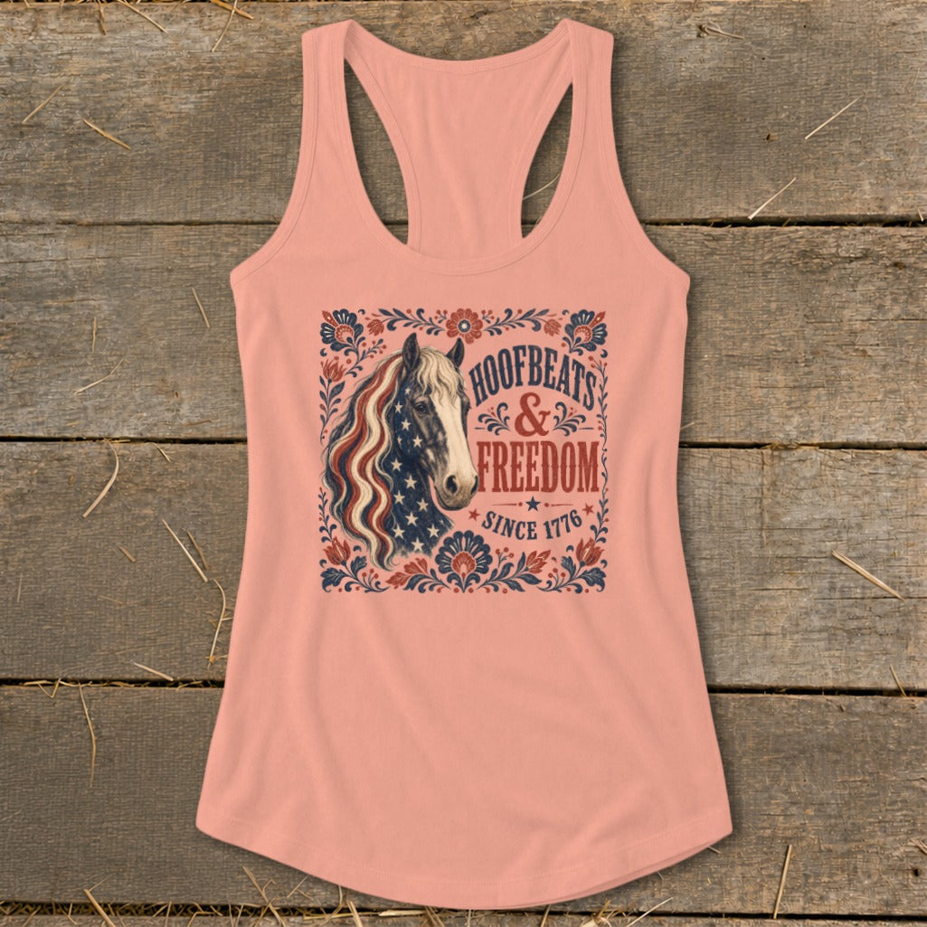 Peach tank top with horse and patriotic "Hoofbeats & Freedom Since 1776" graphic.