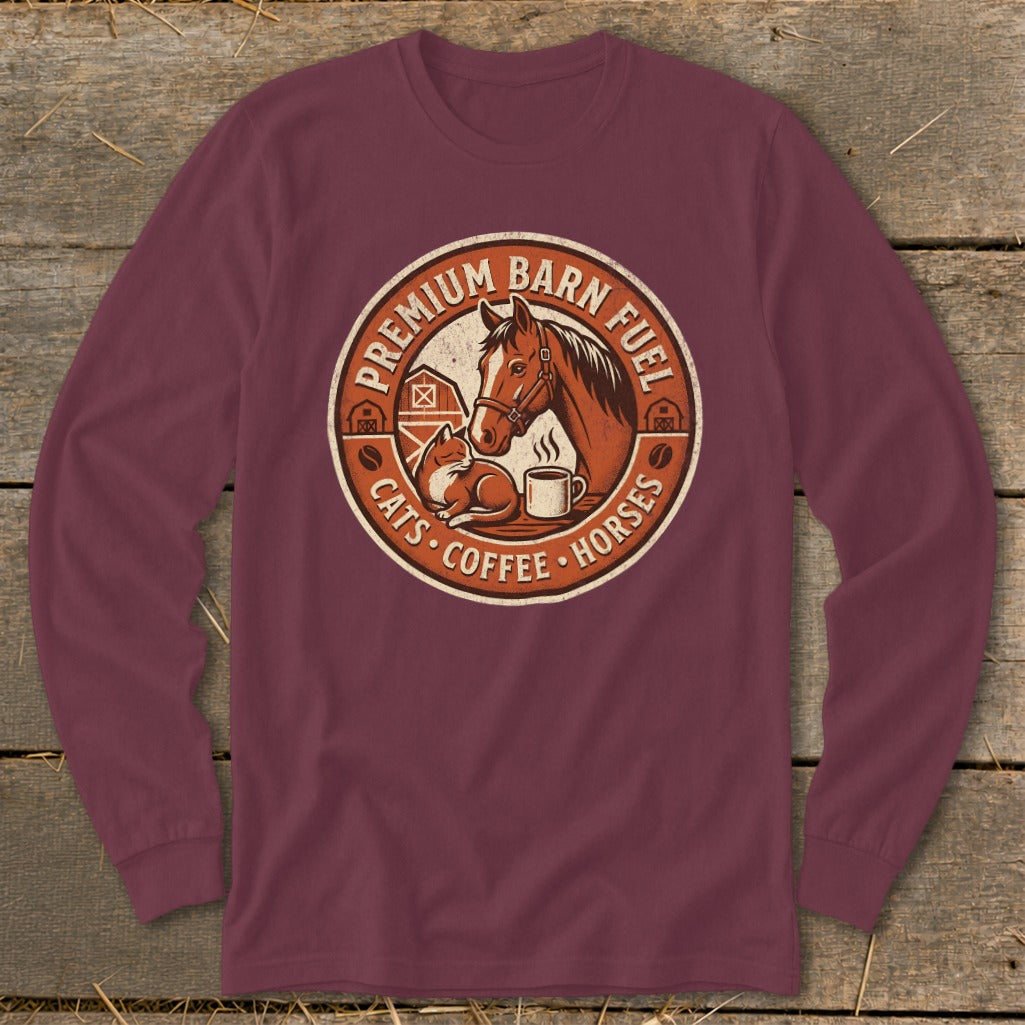 Maroon long sleeve shirt with circular graphic: horse, cat, coffee, and barns.