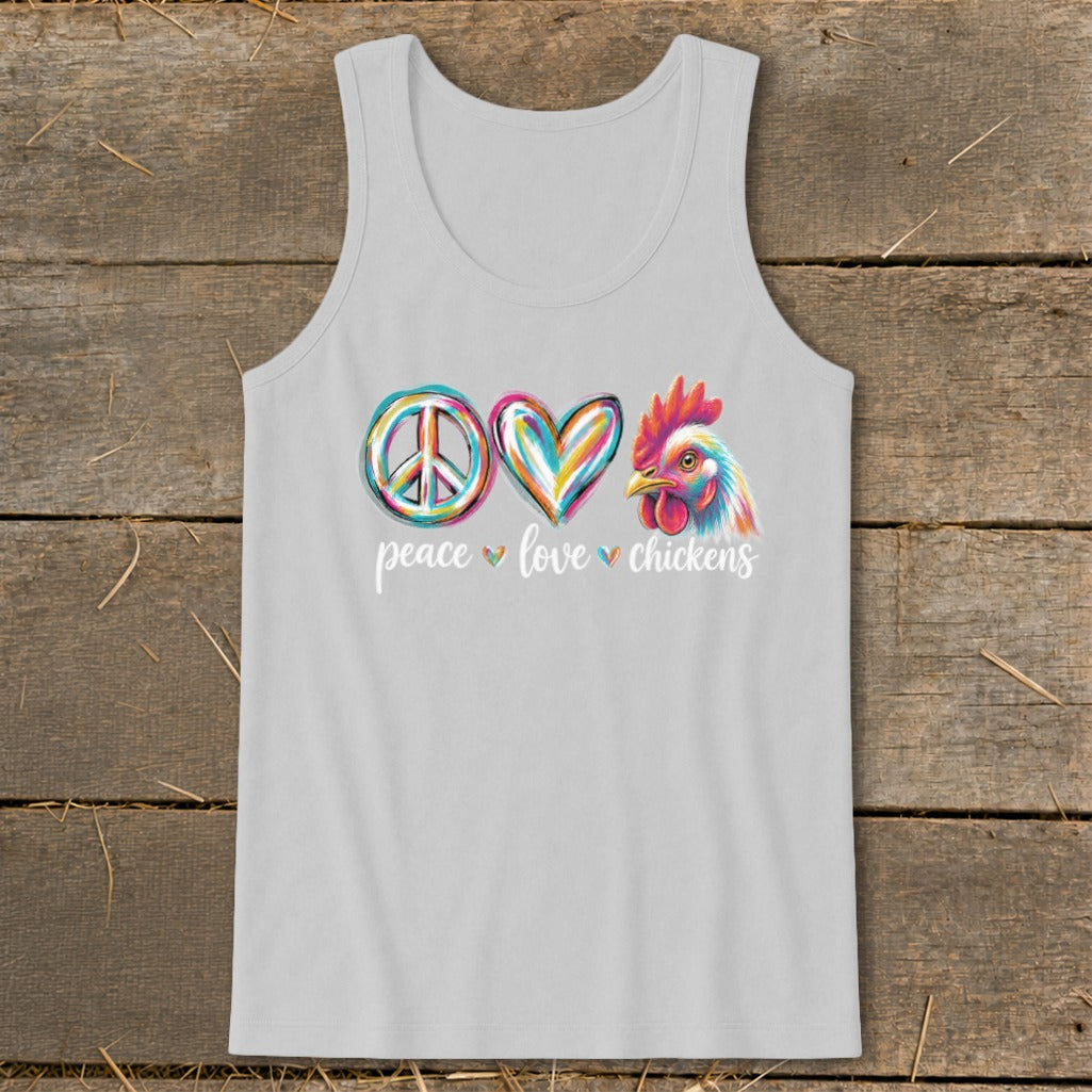 Gray tank top with "peace love chickens" text, a peace sign, a heart, and a colorful rooster.
