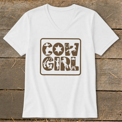 White V-neck t-shirt with brown "COW GIRL" graphic containing western icons.