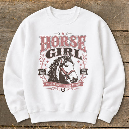 White sweatshirt with a horse graphic and "HORSE GIRL" text.