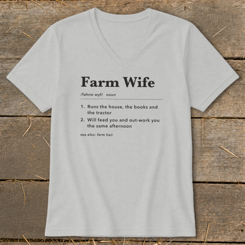 Light grey V-neck t-shirt with "Farm Wife" definition printed in black text.