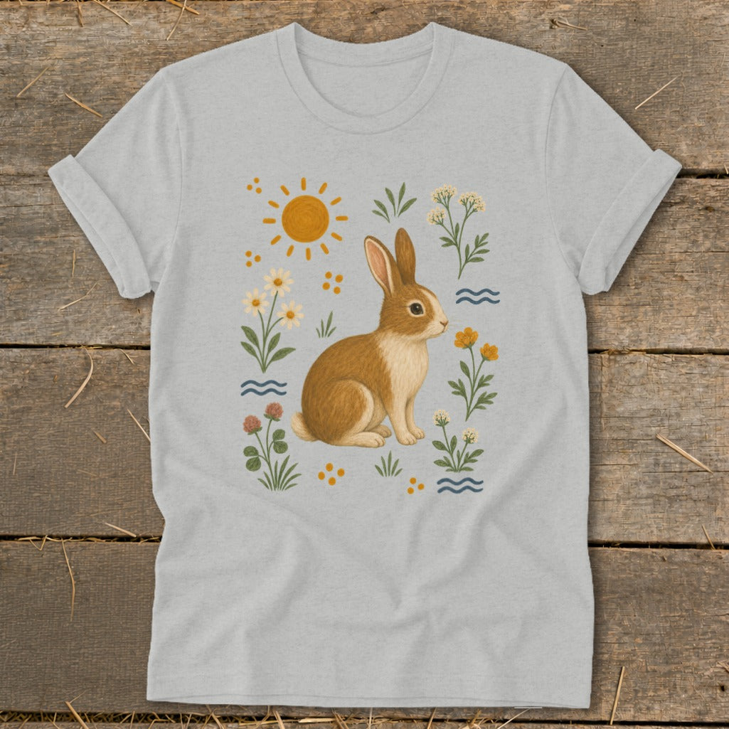 Light gray t-shirt with a brown bunny surrounded by wildflowers and a sun.