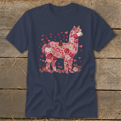 Navy t-shirt with floral alpaca design and scattered pink and red hearts.