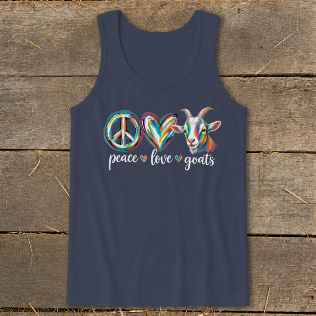 Navy tank top with peace, heart, and colorful goat graphic reading "peace love goats."