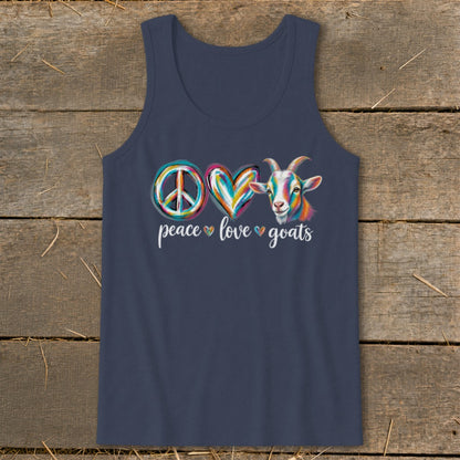Navy tank top with peace, heart, and colorful goat graphic reading "peace love goats."