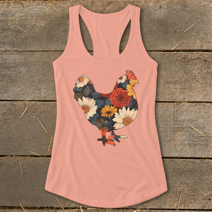 Peach tank top with a chicken silhouette filled with colorful floral patterns.