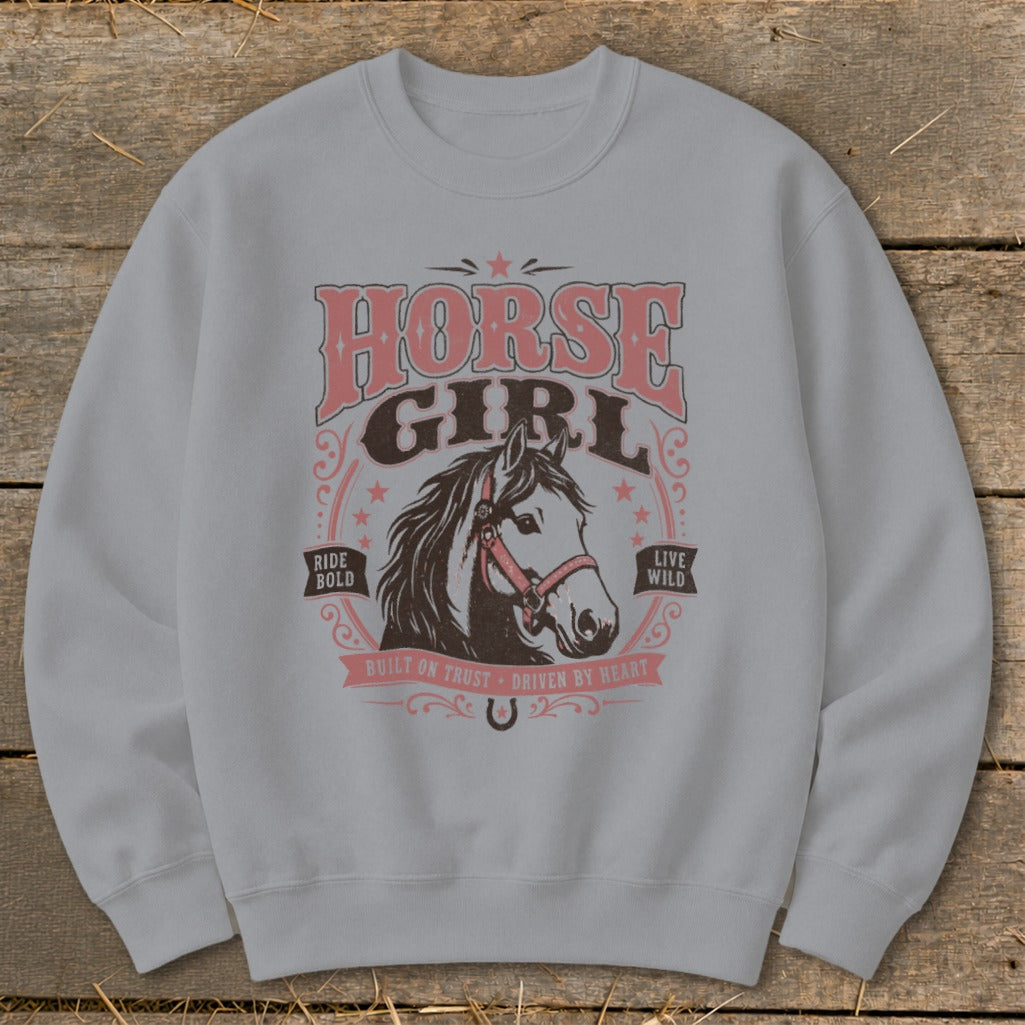 Light gray sweatshirt with "HORSE GIRL" text and a horse head graphic.