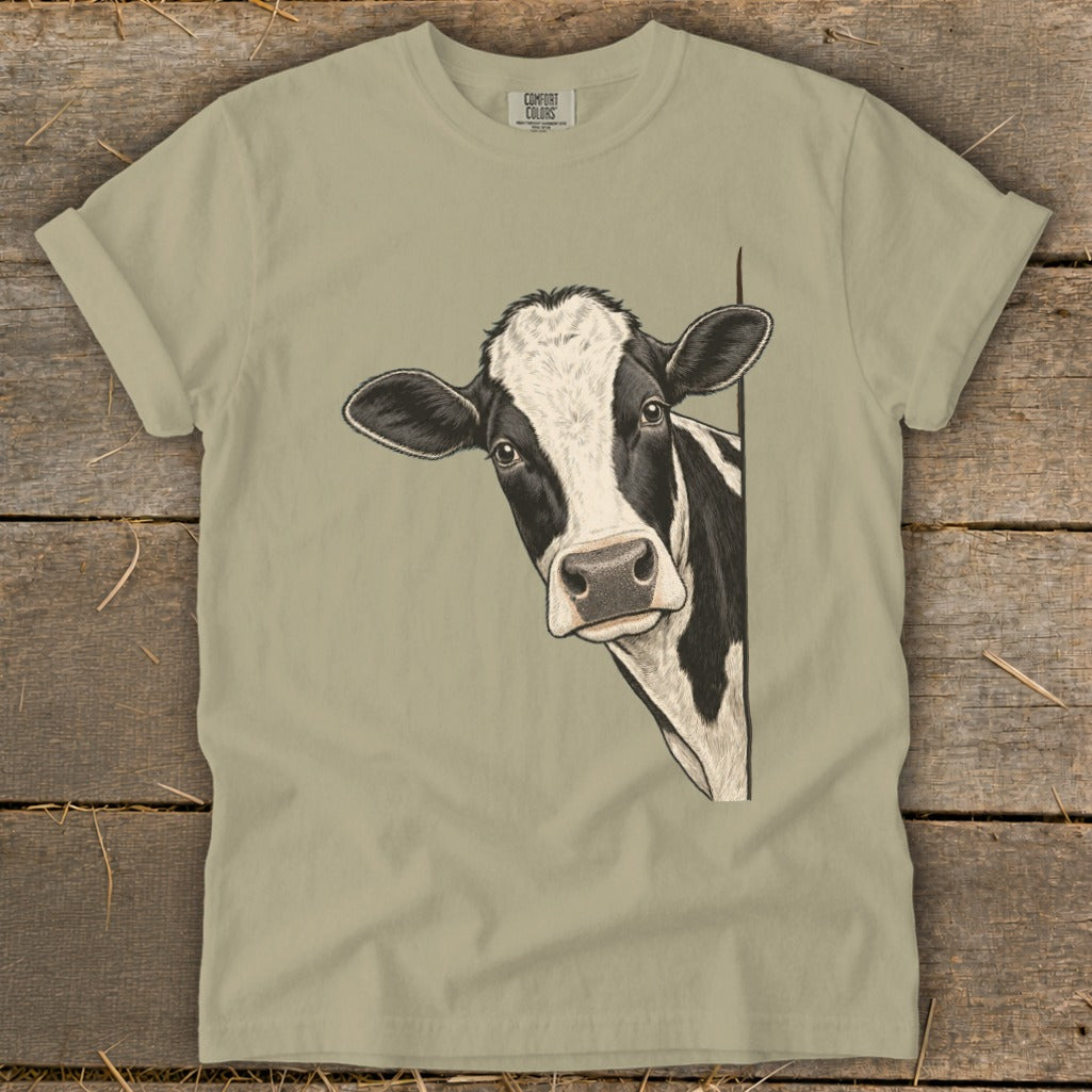 T-shirt with a peeking black and white cow illustration and "COMFORT COLORS" text.