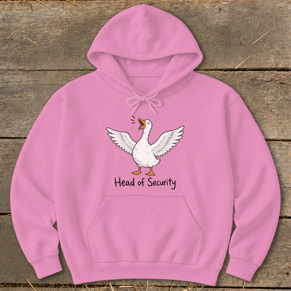 Pink hoodie with a cartoon goose and text "Head of Security."