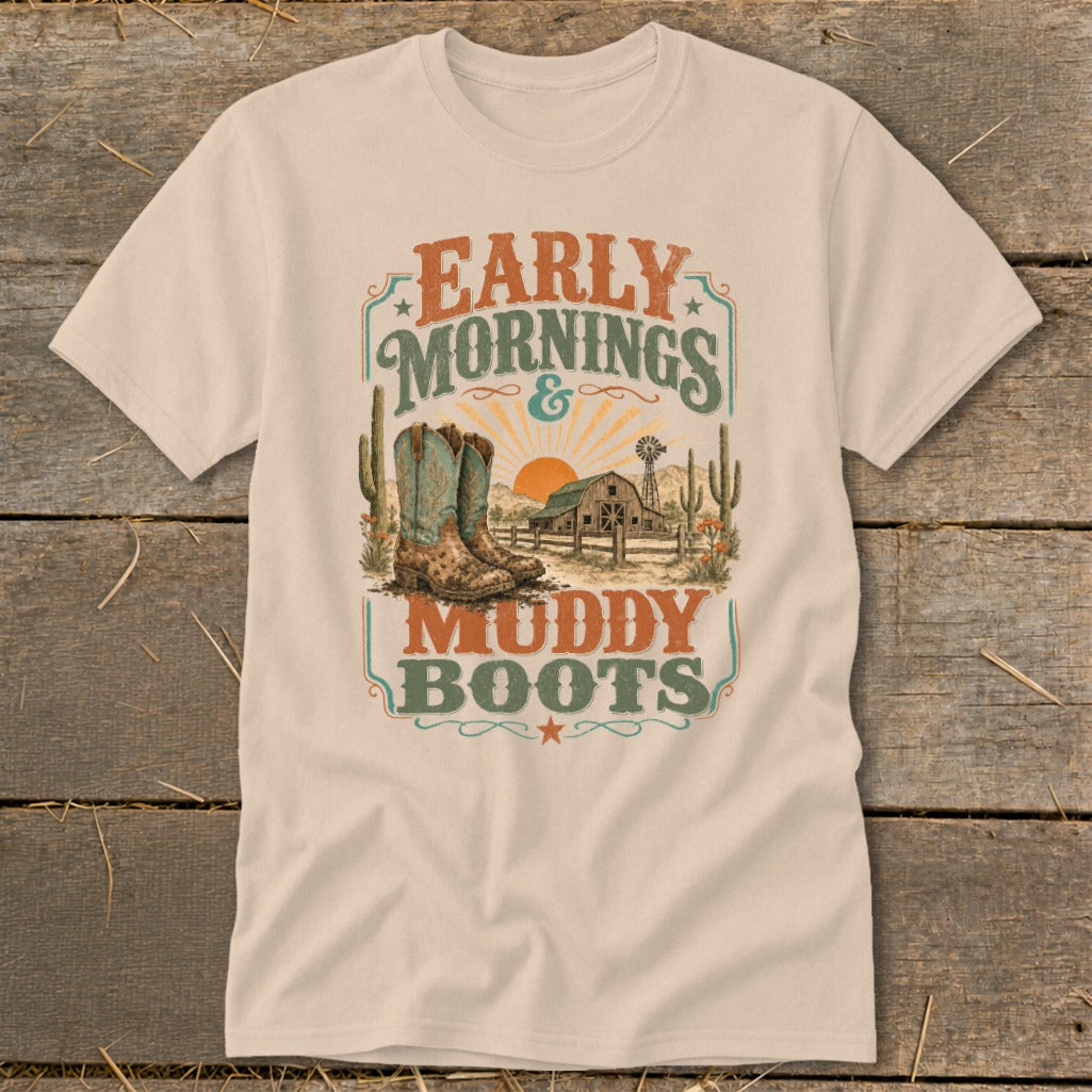 T-shirt with "Early Mornings & Muddy Boots" text and cowboy boots, barn, and cacti graphic.