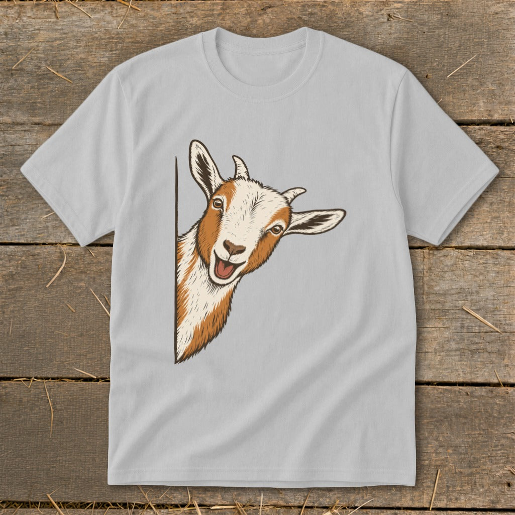 Grey t-shirt with a smiling goat illustration peeking from the left edge.