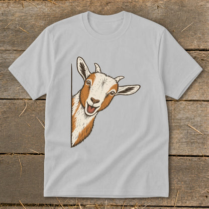 Grey t-shirt with a smiling goat illustration peeking from the left edge.