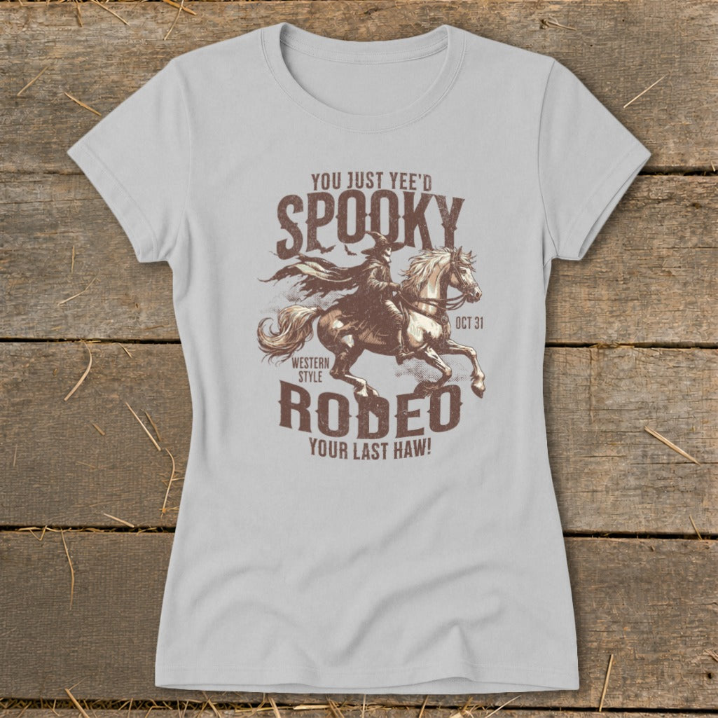 T-shirt graphic with spooky western rodeo design, including rider and horse.