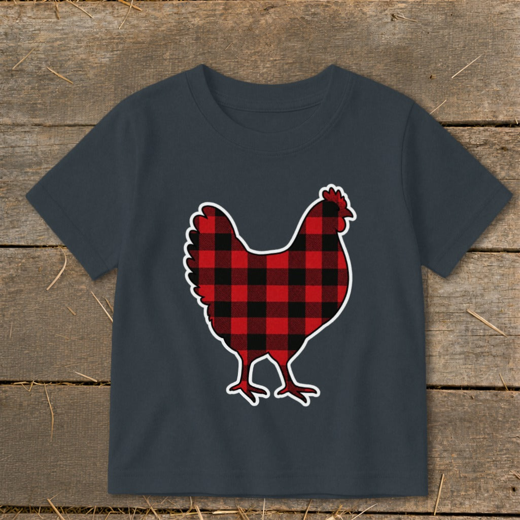 Dark grey t-shirt with red and black buffalo plaid chicken graphic.