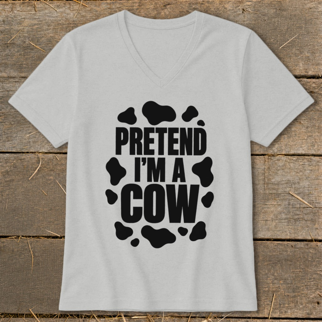 Light grey V-neck t-shirt with "PRETEND I'M A COW" text and cow spots.