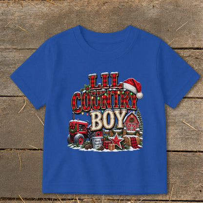 Blue t-shirt with "Lil Country Boy" graphic, a red tractor, and Christmas elements.