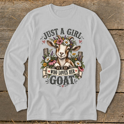 Cute goat with flowers on head and banner saying "Just a Girl Who Loves Her Goat".