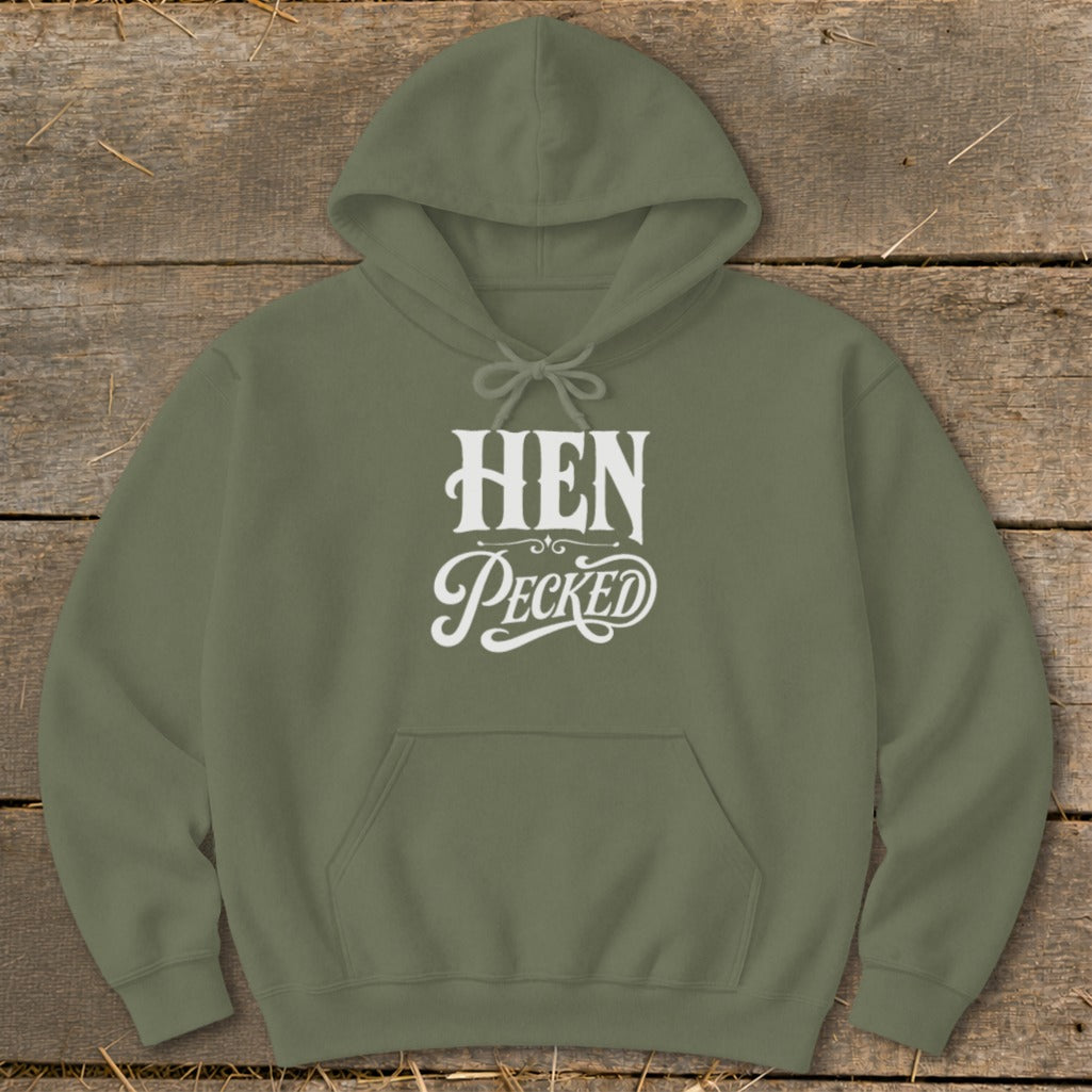 Olive green hoodie with "HEN Pecked" text in white on the chest.