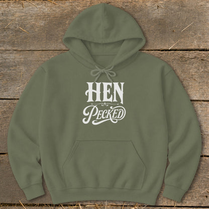 Olive green hoodie with "HEN Pecked" text in white on the chest.