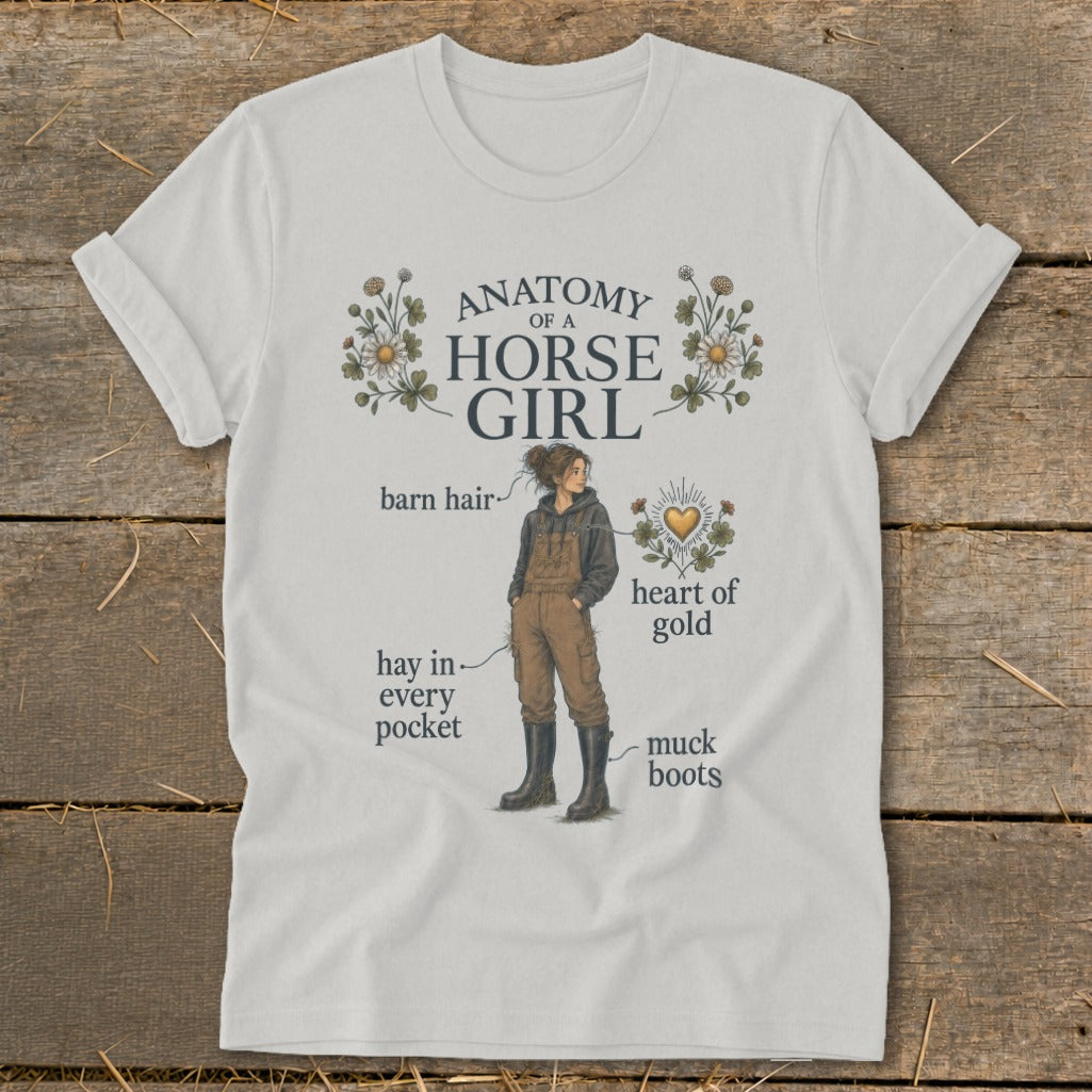 White t-shirt with "Anatomy of a Horse Girl" graphic featuring illustrated labels.