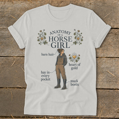 White t-shirt with "Anatomy of a Horse Girl" graphic featuring illustrated labels.