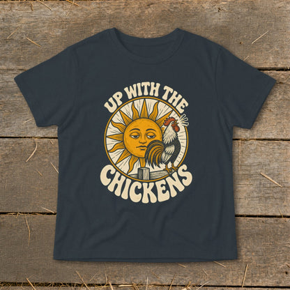 A dark gray t-shirt with a vintage graphic of a rooster, a smiling sun, and the text Up With The Chickens.