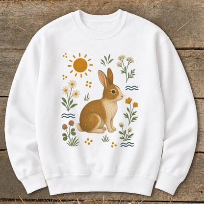 White sweatshirt with a brown bunny surrounded by flowers, sun, and waves design.