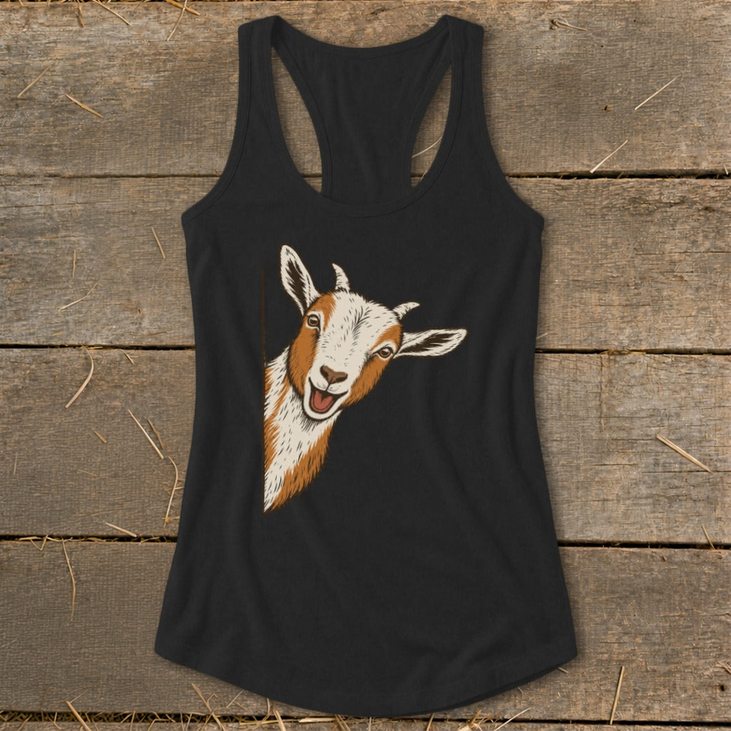 Black tank top with a peek-a-boo goat graphic on the left side.
