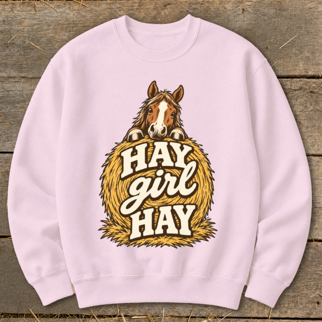 Pink sweatshirt with horse on hay bale and text "HAY girl HAY".