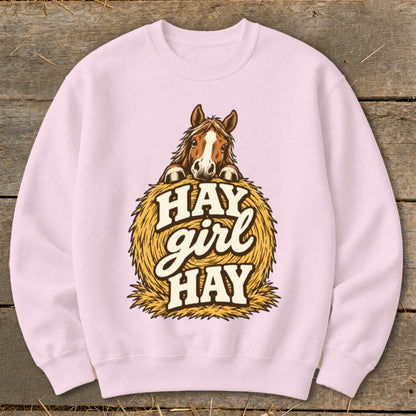 Pink sweatshirt with horse on hay bale and text "HAY girl HAY".