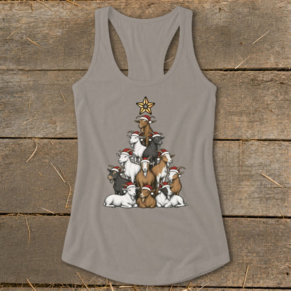 Tank top with a Christmas tree made of goats wearing Santa hats.