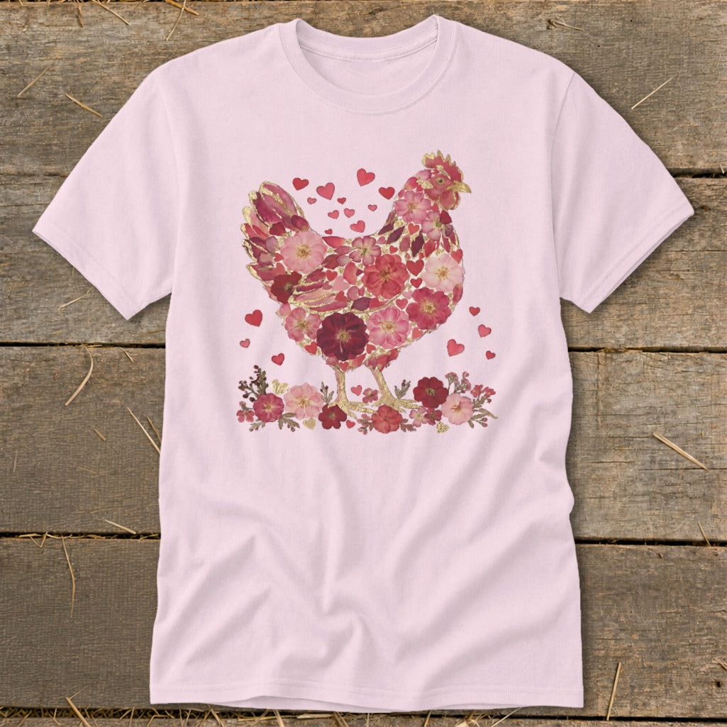 Pink t-shirt with a chicken graphic made of red and pink flowers and hearts.