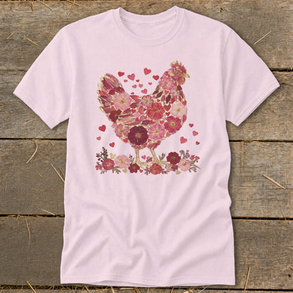 Pink t-shirt with a chicken graphic made of red and pink flowers and hearts.