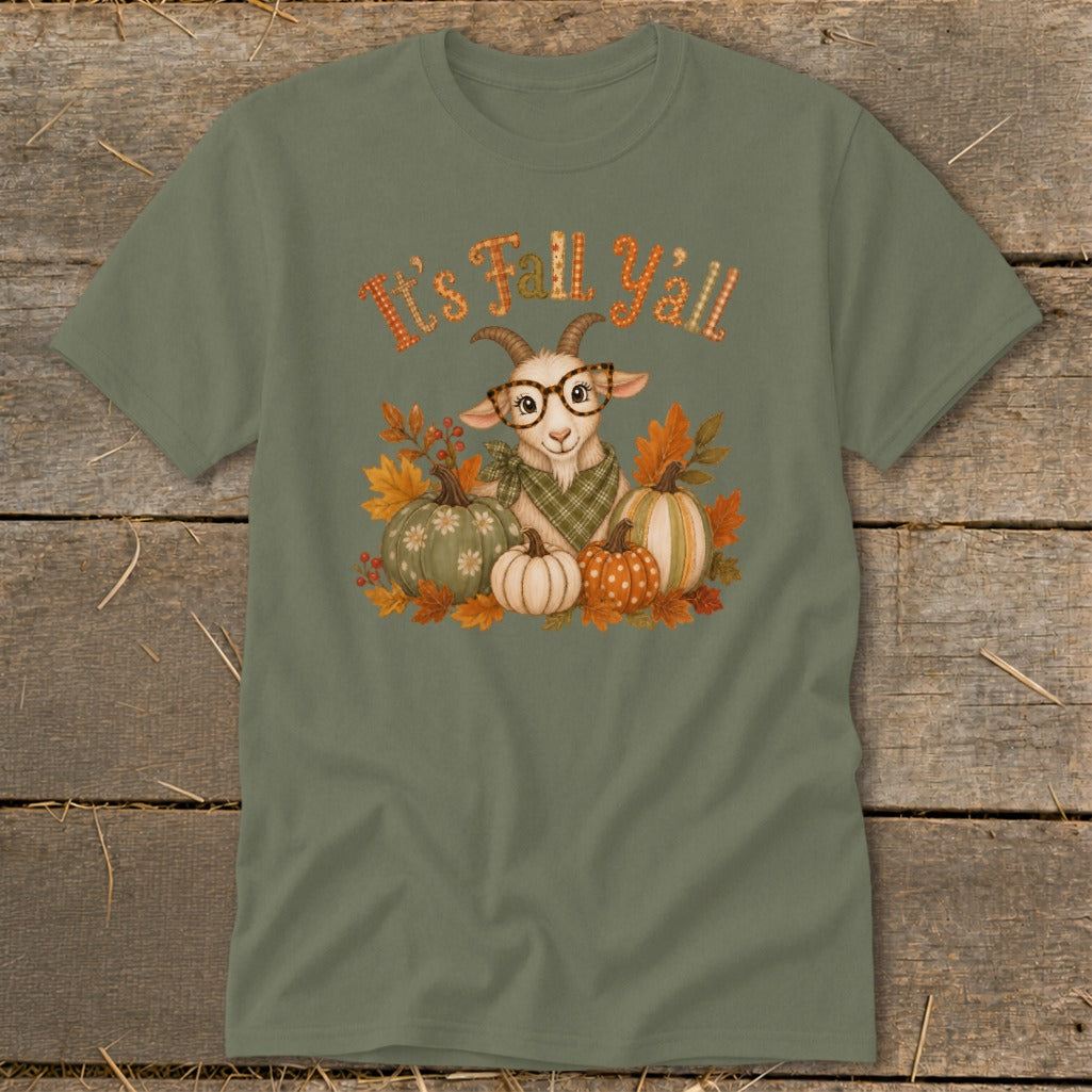 Goat wearing glasses and bandana surrounded by pumpkins and fall leaves with text "It's Fall Y'all".
