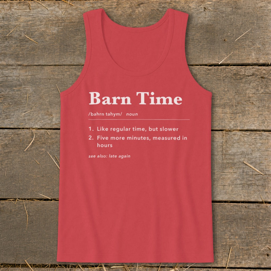 Coral tank top with "Barn Time" definition printed in white text.