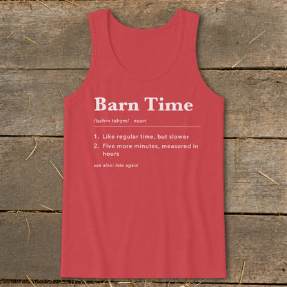 Coral tank top with "Barn Time" definition printed in white text.