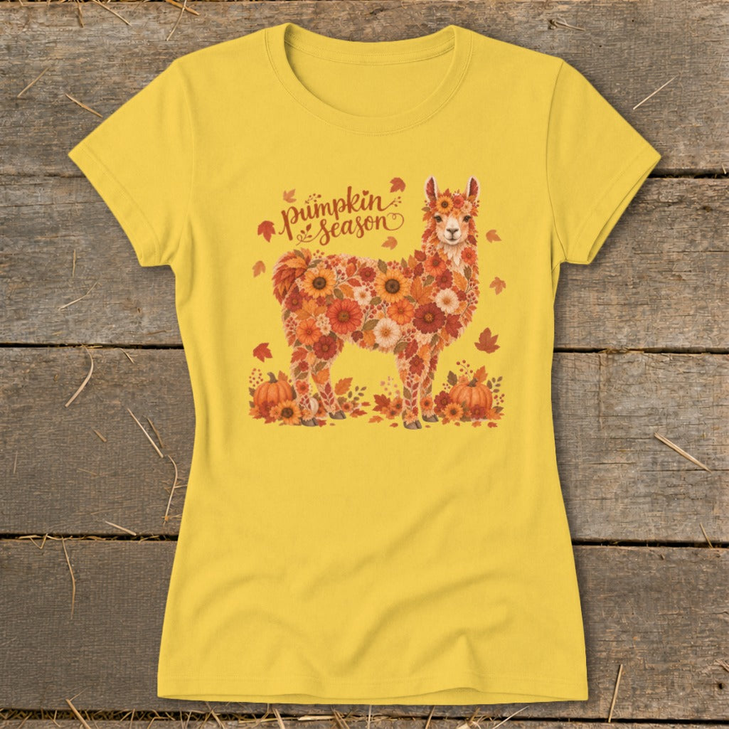 Yellow t-shirt with a llama made of autumn flowers and pumpkins, reads "pumpkin season".