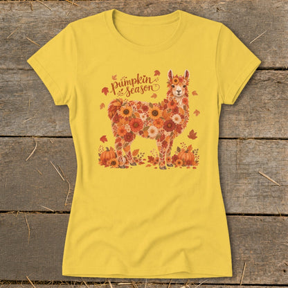 Yellow t-shirt with a llama made of autumn flowers and pumpkins, reads "pumpkin season".