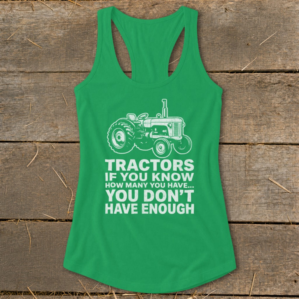 Green tank top with white tractor graphic and text.