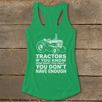Green tank top with white tractor graphic and text.