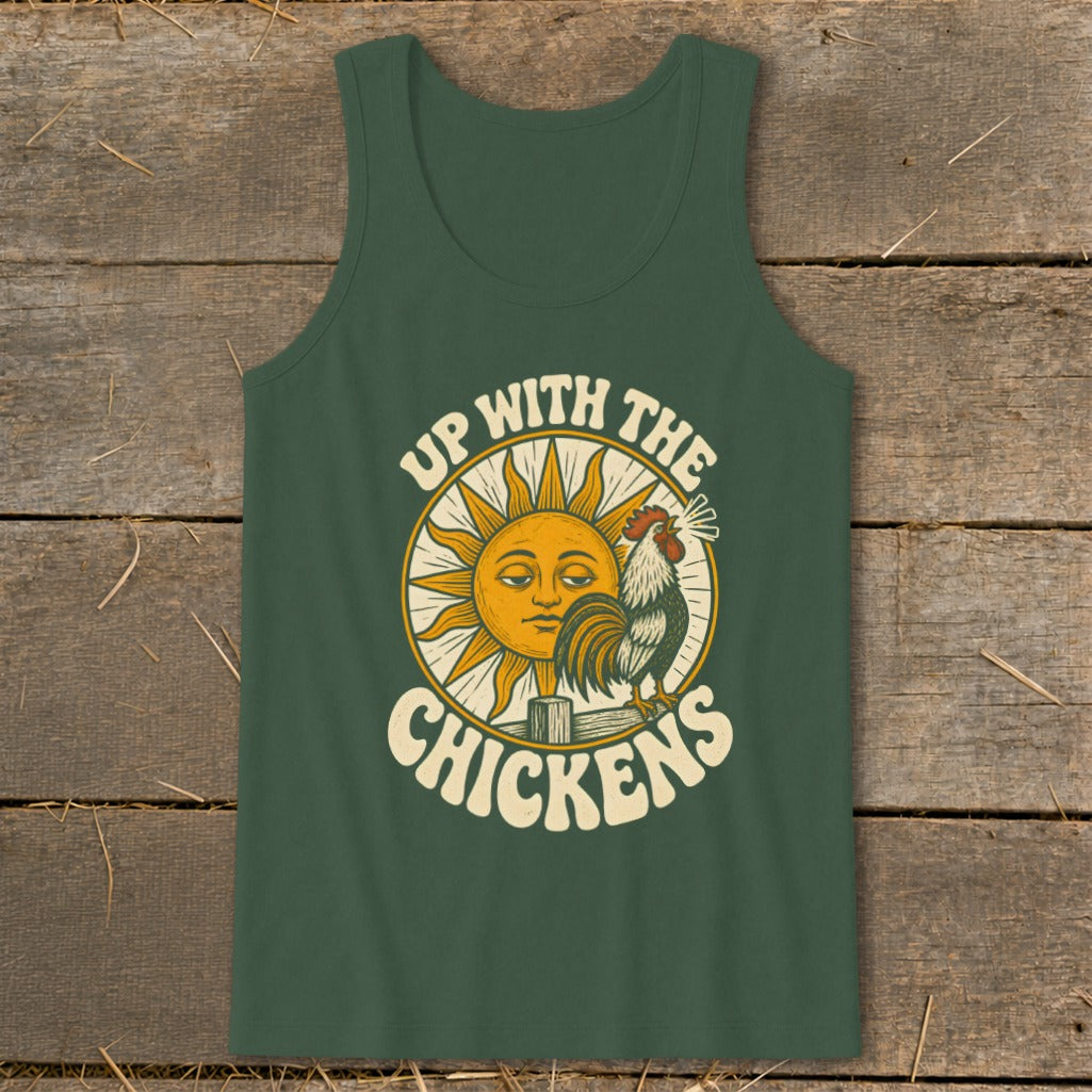 Dark green tank top featuring a graphic of a crowing rooster, a sun, and the text Up With The Chickens.