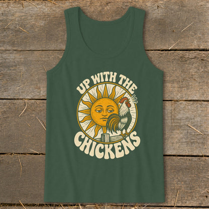 Dark green tank top featuring a graphic of a crowing rooster, a sun, and the text Up With The Chickens.