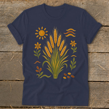 Navy t-shirt with a central bouquet of wheat stalks surrounded by sun, flowers, leaves, and seeds.