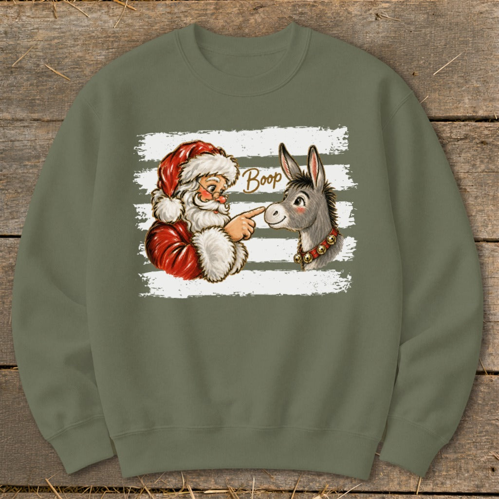 Santa booping a donkey with the word "Boop" on a distressed white stripe background.