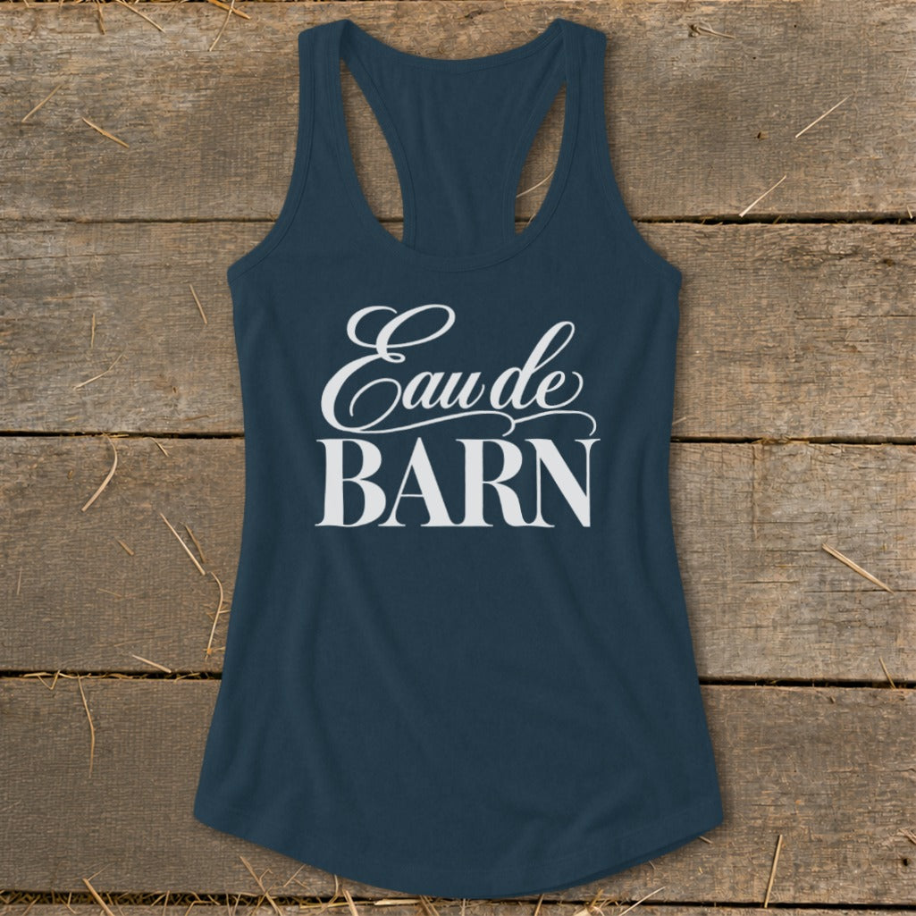 Navy racerback tank top with white text reading "Eau de BARN".