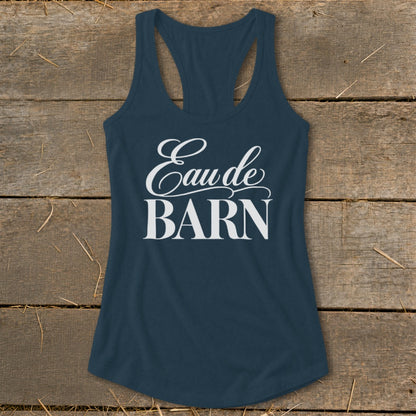 Navy racerback tank top with white text reading "Eau de BARN".
