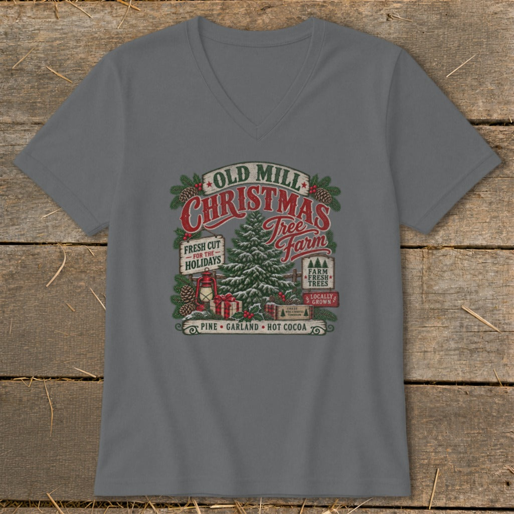Old Mill Christmas Tree Farm design with festive imagery and text.