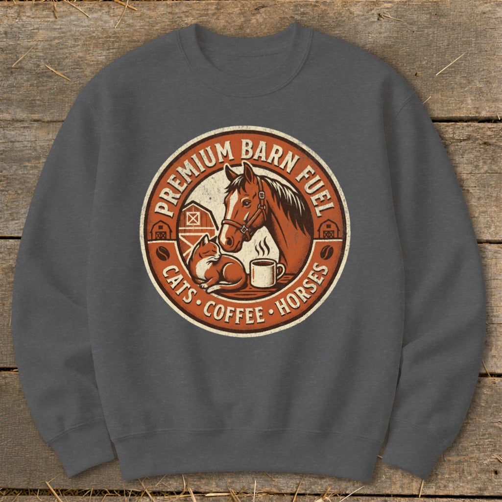 Graphic of horse, cat, and coffee mug with text "Premium Barn Fuel Cats Coffee Horses".